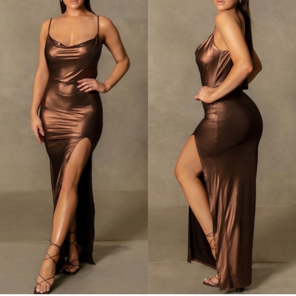 Meshki Corinne Cowl Chocolate Dress. High side slit maxi dress. Open back